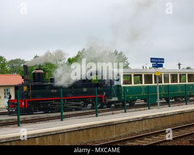 Aus denen Rauch aufsteigt, der dampfzug Motor der Chemin de Fer de la Baie de Somme, Zug mit Dampflokomotive. Noyelles-sur-Mer, Frankreich. Stockfoto