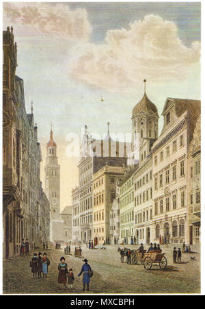 . Die Maximilianstraße mit Rauthaus und Perlach. Kolorierte Radierung, Staats- und Stadtbibliothek Augsburg. ca. 1835. I. in Owen / Robert Batty 409 Maximilianstraße augsburg Stockfoto