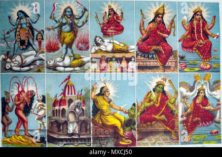 . Deutsch: "Album der populären Drucke auf Stoff Seiten montiert. Farblithographie, beschriftete, eingeschrieben und nummeriert 37. Der Druck ist in zehn gleiche Teile unterteilt, die jeweils für eine der zehn Aspekte der Devi, die göttliche Mutter. Jedes Bild ist mit einer bengalischen Inschrift identifiziert, und die Göttinnen sind vertreten: Kali, Tara, Shodashi, Bhuvaneshvari, Bhairavi, Chhinnamasta, Dhumavati, Bagalamukhi, Matangi und Kamala. 2003,1022,0.37, EIN 804243'. ca. 1895. Die in Kalkutta Art Studio 388 Mahavidyas Stockfoto