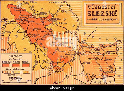 . Karte der Österreichischen Herzogtum Schlesien mit vorherrschenden Volksgruppen (Tschechen, Polen und Deutsche) im Jahr 1912. Die Beschreibungen sind in Tschechien. 1912. Josef Novák 173 Herzogtum Schlesien 1912 Stockfoto