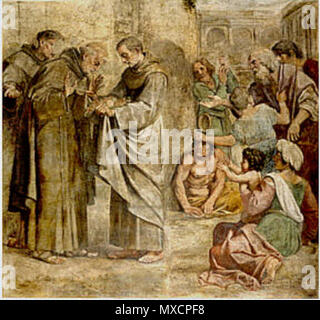 . Englisch: Diego von Alcalá in der Kirche San Giacomo degli Spagnoli in Rom Español: Fresken de Annibale Carricci (ca. 1604) que representan escenas de la Vida de San Diego de la Iglesia de Santiago de los Españoles en Roma. ca. 1604. Tramulles Pintor: Annibale Carracci 417 Milagro de Las Rosas de San Diego Stockfoto