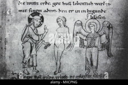 . Millstätter Genesis [ Detail: fol. 6, Beseelung Adams] Standort Klagenfurt/Kärntner Landesarchiv. ca. 1200. Diese Datei fehlt, Informationen zum Autor. 417 Millstätter Genesis Detail fol6r Beseelung Adams Stockfoto