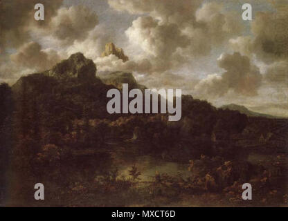. Englisch: Bergigen und bewaldeten Landschaft mit einem Fluss - Jacob van Ruisdael. 1670 s. Jacob van Ruisdael 427 bergigen und bewaldeten Landschaft mit einem Fluss - Jacob van Ruisdael Stockfoto