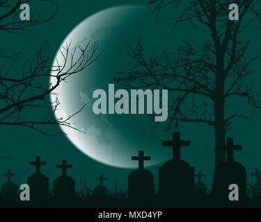 Vector Illustration von einem Friedhof mit Grabsteinen, tote Bäume und Crescent Moon - geeignet für Halloween Stock Vektor
