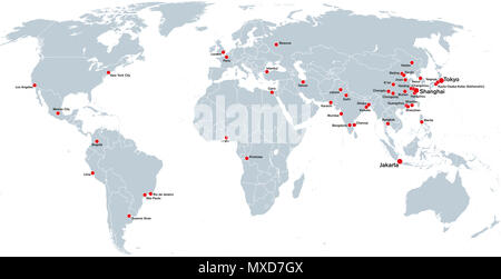 Megastädte der Welt, politische Karte. Größten Städte mit mehr als zehn Millionen Menschen. Englischer Beschriftung. Abbildung. Stockfoto
