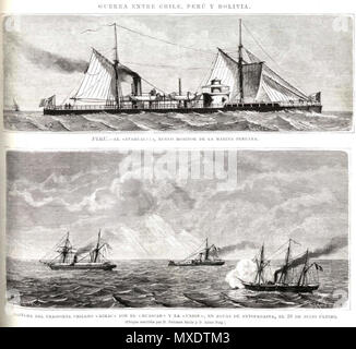 . Español: Monitor Atahualpa, Rimac Huascar, Union. 1879. La Espanola Ilustracion... , 22 de Septiembre de 1879 423 Monitor - atahualpa - Lima - Huascarán-union-1879 Stockfoto