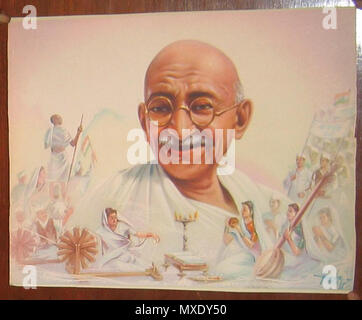 . Englisch: Mystische, kulturelle und politische Bereiche in der Abbildung von Gandhi Quelle zusammengeführt: ebay, Nov. 2003 '1940 Gandhi Poster mit Qut Indien & Charkha Bildsprache auf der linken und der satyagrahis & devotional Musik Bilder auf der rechten Seite. Unterzeichnet (gedruckte) Yogendra Rastogi, Meerut..". 1940. Unbekannt 435 Mystische, kulturelle und politische Bereiche in der Abbildung von Gandhi zusammengeführt Stockfoto