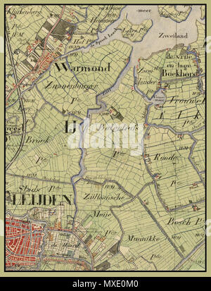 . Nederlands: Dit deel van een kaart van Zuid-Holland uit 1850-1851 toont de rivier De Zijl bij Leiden, beginnend in het zuiden en Bij de Spanjaardsbrug eindigend Bij de monding in de Kager plas Zweiland. Van Zuid naar Noord liggen äh twee Eilanden in de Rivier. Bij de verbetering van de Zijl 1936/37 werd bij het Eiland (het Zijleiland zuidelijkste, tegenover de Driegatenbrug) de hoofdstroom van de Rivier verlegd van de westzijde naar de oostzijde van dit Eiland. Het noordelijke Eiland, halverwege de rivier Novalja, werd weggebaggerd. De naar Het uitstekende zuidoosten Punt van de Zwanenbur Stockfoto