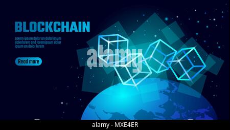 Blockchain Würfel Kette Symbol auf Platz code Big Data Flow Informationen. Neon Blau leuchtende Planet Earth Globus. Cryptocurrency Finanzen bitcoin Geschäftskonzept Vektor-illustration Hintergrund Vorlage Stock Vektor