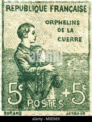 . Série Orphelins, 5 C. + 5 C., mars 1919 (Quelle de la Datum: Dallay et le patrimoine du Timbre-Poste français). März 1919. Durand, Jarraud 459 Orphelins 5 plus 5. Stockfoto