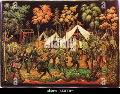 . Englisch: Tanzen Soldaten der Roten Armee. Miniatur auf einer Schatulle. Русский: Красноармейцы на Ленплощадке. Шкатулка. 1938. Иван Иванович Зубков/Ivan Ivanovich Subkow (1883-1938) 465 PalekhRedArmy Stockfoto