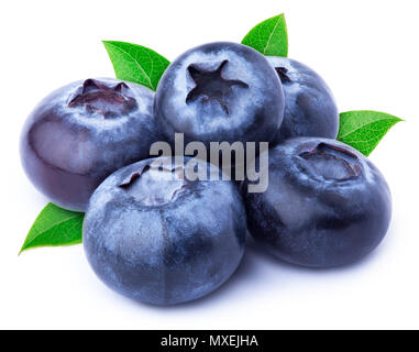 Fünf Blaubeeren mit Blättern isoliert Stockfoto