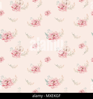 Aquarell nahtlose florales Muster mit Baumwolle. Böhmische natürlichen Muster: Blätter, Federn, Blumen, auf weißem Hintergrund. Künstlerische decoratio Stockfoto