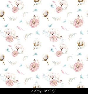 Aquarell nahtlose florales Muster mit Baumwolle. Böhmische natürlichen Muster: Blätter, Federn, Blumen, auf weißem Hintergrund. Künstlerische decoratio Stockfoto