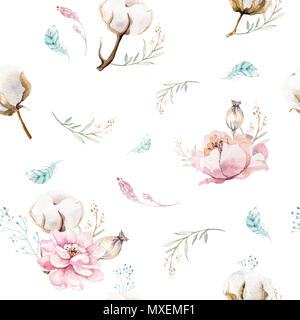 Aquarell nahtlose florales Muster mit Baumwolle. Böhmische natürlichen Muster: Blätter, Federn, Blumen, auf weißem Hintergrund. Künstlerische decoratio Stockfoto