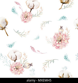 Aquarell nahtlose florales Muster mit Baumwolle. Böhmische natürlichen Muster: Blätter, Federn, Blumen, auf weißem Hintergrund. Künstlerische decoratio Stockfoto