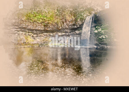 Aquarell von Sgwd Gwladys Wasserfall in der Breacon Beacons, Neath, Großbritannien Stockfoto