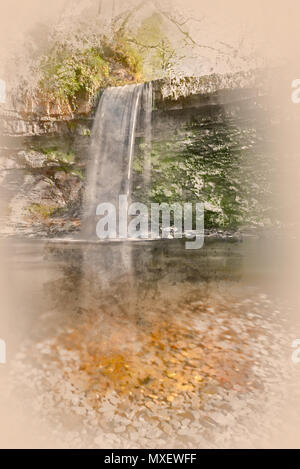 Aquarell von Sgwd Gwladys Wasserfall in der Breacon Beacons, Neath, Großbritannien Stockfoto