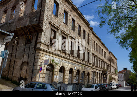 Eine bosnische Krieg (Heimat Krieg) beschädigte Gebäude in Mostar, der Föderation Bosnien und Herzegowina. Stockfoto