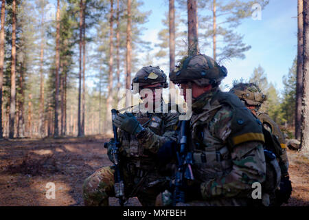 Us-Soldaten von Apache Truppe, 1 Staffel, 2. Reiterregiment, Würfel, Ausrüstung zu ihrem militärischen Fahrzeugen für eine bevorstehende Training Mission, in Pohjankangas, Niinisalo, Finnland, Jan. 29, 2017. Pfeil 17 ist eine jährliche Übung der Interoperabilität und der Fähigkeit der mechanisierten Einheiten in offensive Bekämpfung zu verbessern, die während der Arbeit mit einer verstärkten US Army Europe Infanterie sowie eine norwegische Feuerwehr Norden mechanisierte platoon als Teil der finnischen Armee Internationale Übung Aktivitäten für 2017. Stockfoto