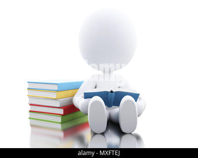 3D-Darstellung. Weiße Menschen, ein Buch zu lesen. Bildung Konzept. Isoliert weißer Hintergrund. Stockfoto