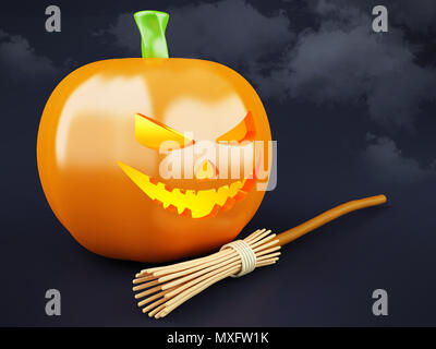 3D-Darstellung. Jack O Lantern Halloween Kürbis mit Kerze Licht innerhalb und Besen. Stockfoto