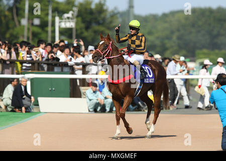 Fuchu, Tokio, Japan. 3. Juni 2018. Mozu Ascot (Christophe Lemaire) Pferderennen: Jockey Christophe Lemaire reiten Mozu Ascot feiert nach dem Gewinn der Yasuda Kinen Pferderennbahn in Fuchu in Tokyo, Tokio, Japan. Credit: yoshifumi Nakahara/LBA/Alamy leben Nachrichten Stockfoto