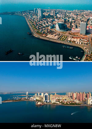 (180604) - Qingdao, Juni 4, 2018 (Xinhua) - Kombinierte Fotos zeigen Luftaufnahmen von Tuandao in Qingdao, in der ostchinesischen Provinz Shandong, bzw. 1996 (oben) und am 4. Mai 2018 berücksichtigt. Entwicklung der Küstenstadt können der Datei Bilder aus Qingdao von Fotograf Zhang Yan auf einem Hubschrauber seit 1996 und die neue von Drohnen gesehen werden. Qingdao, als einer der ersten chinesischen Städten zu eröffnen, war ein wichtiger Hafen für den Riemen und die Straße, und dass sich die Menschen durchaus Sinn der umfassenden, profunden lokale Kultur und die Vitalität von Chinas Reform und Öffnung. (Xinhua / Zhang Yan, Li Stockfoto