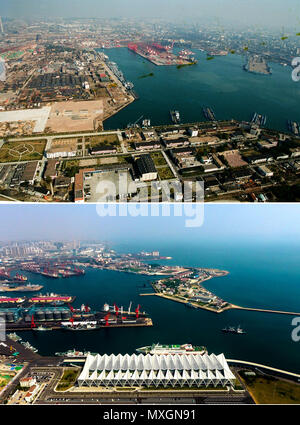(180604) - Qingdao, Juni 4, 2018 (Xinhua) - Kombinierte Fotos zeigen Luftaufnahmen von Qingdao Port in Qingdao, in der ostchinesischen Provinz Shandong, bzw. 1996 (oben) und am 7. Mai 2018 berücksichtigt. Entwicklung der Küstenstadt können der Datei Bilder aus Qingdao von Fotograf Zhang Yan auf einem Hubschrauber seit 1996 und die neue von Drohnen gesehen werden. Qingdao, als einer der ersten chinesischen Städten zu eröffnen, war ein wichtiger Hafen für den Riemen und die Straße, und dass sich die Menschen durchaus Sinn der umfassenden, profunden lokale Kultur und die Vitalität von Chinas Reform und Öffnung. (Xinhua / Zhang Yan Stockfoto