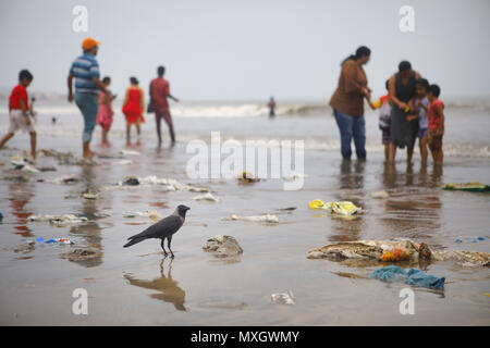 Mumbai, Indien. 3. Juni 2018. 03 Juni 2018, Juhu Beach - Mumbai: Indien. Haufen aus Kunststoff liegen am Juhu Beach, einem beliebten Treffpunkt in Mumbai angehäuft. Jeden Tag Tonnen Kunststoffabfälle wird an Land vom Arabischen Meer gewaschen. Unser Planet in Kunststoff Verschmutzung ertrinken. Heute haben wir etwa 300 Millionen Tonnen Plastik jedes Jahr produzieren. Das ist Fast entspricht dem Gewicht der gesamten menschlichen Bevölkerung. Nur 9% aller Kunststoffabfälle überhaupt produziert hat aufbereitet worden. Ungefähr 12% wurde verbrannt wurden, während der Rest - 79 % - in Deponien, Müllhalden oder die natürliche Umwelt angesammelt hat Stockfoto