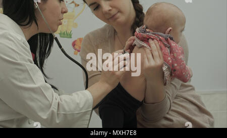 Weibliche Kinderarzt Arzt Untersuchung neugeborenen Baby im Arm der Mutter Stockfoto