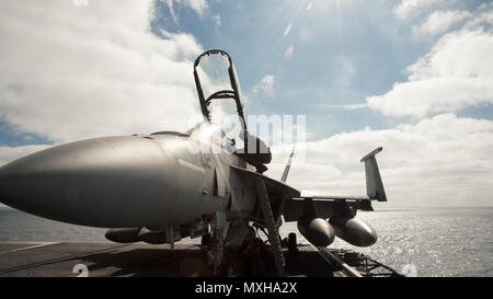 161107-N-JM 189-008 (Nov. 7, 2016) Leutnant Evan Levesane zugeordnet Strike Fighter Squadron (VFA) 2 "Kopfgeldjäger" führt eine Pre-flight Inspection einer F/A-18F Super Hornet auf dem Flugzeugträger USS Carl Vinson (CVN 70). Carl Vinson wird derzeit die Durchführung von Composite Trainingsgerät Übung (COMPTUEX) in Vorbereitung für eine bevorstehende Bereitstellung. (U.S. Marine Foto von Seaman Theo Shively/Freigegeben) Stockfoto