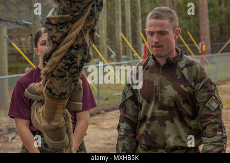 Irish Defence Forces Kapitän Liam McDonnell beobachtet Serie Commander Kurs Klasse 2-17, da Sie das Vertrauen Kurs an leatherneck Quadrat auf Marine Corps Recruit Depot Parris Island am 9. November 2016 verhandeln. Liam besuchte die Klasse ein besseres Verständnis dafür, wie das US Marine Corps führt Werte based training für Rekruten, Offiziere zu gewinnen, und bohren Sie Ausbilder, um zu verbessern, wie die Irish Defence Forces Verhalten gewinnen Ausbildung und um die Beziehungen zwischen den beiden Armeen der Nation zu stärken. (U.S. Marine Corps Foto von Lance Cpl. Mackenzie Carter/Freigegeben) Stockfoto