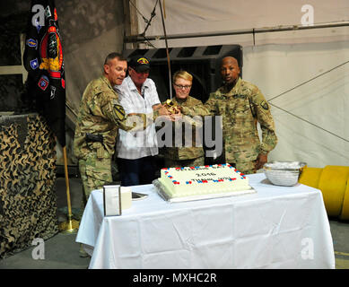 Flughafen Bagram, Afghanistan (Nov. 11, 2016) - US-Armee Generalmajor John C. Thomson III, Michael Yambor, PFC-Sarah Reschke, und Command Sgt. Maj. Maurice Jackson schnitt die Zeremonie Kuchen in den US-Streitkräften in Afghanistan Veterans Day Feier. Thomson und Jackson sind der Flugplatz Commander und Senior Berater eingetragen. Yambor ist ein Vietnam Veteran, der derzeit auf dem Flugplatz arbeitet als zivile Auftragnehmer; Thomson Yambor eingeladen, die Feier Ehrengast zu sein. Reschke ist der jüngste Soldat derzeit zugeordnet Die 1 Kavallerie Division bei Bagram. Foto von Bob Harrison, US-Streitkräfte Stockfoto