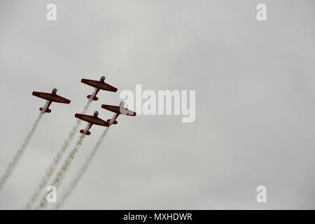 Aeroshell Aerobatic Team Piloten fliegen North American AT-6 Texans in einer Ausbildung während der South Carolina National Guard in der Luft und am Boden Expo bei McEntire Joint National Guard Base, South Carolina, 5. Mai 2017. Diese Expo ist eine kombinierte Waffen Demonstration der Fähigkeiten von South Carolina National Guard Flieger und Soldaten und sagen Danke für die Unterstützung von Kollegen Südcarolinians und der umgebenden Gemeinschaft. Stockfoto