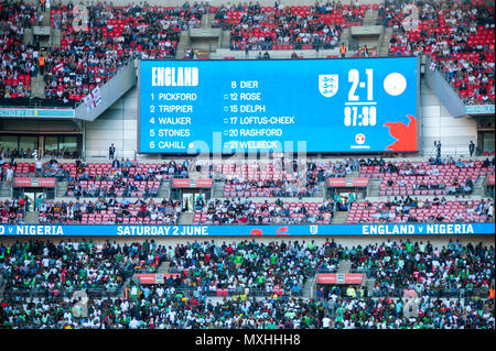 Wembley, Großbritannien. 2. Juni 2018. ENGLAND nahm auf Nigeria, wie sie für die Weltmeisterschaft in diesem Sommer vorbereiten. England gewann das Spiel 2 - 1. Stockfoto