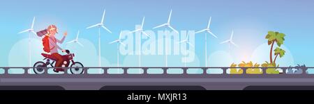 Man touristische reiten Roller oder Motorrad mit Rucksack über Inter City Landschaft Windrad Energie erneuerbare, saubere Energie Konzept flach Stock Vektor