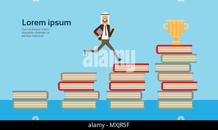 Arabische Geschäftsmann in Anzug bis auf Stapel Bücher, volle Länge geschäftliche Vereinbarung und Konzept der Partnerschaft Stock Vektor