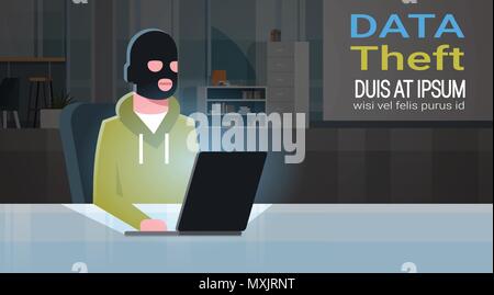 Man schwarze Maske sitzen am Computer Hacker Aktivität Konzept Viren Datenschutz Angriff Internet Information Security Flat Stock Vektor