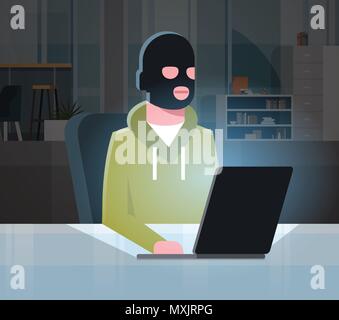 Man schwarze Maske sitzen am Computer Hacker Aktivität Konzept Viren Datenschutz Angriff Internet Information Security Flat Stock Vektor