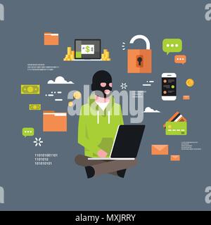 Man schwarze Maske sitzen am Computer Hacker Aktivität Konzept Viren Datenschutz Angriff Internet Information Security Flat Stock Vektor