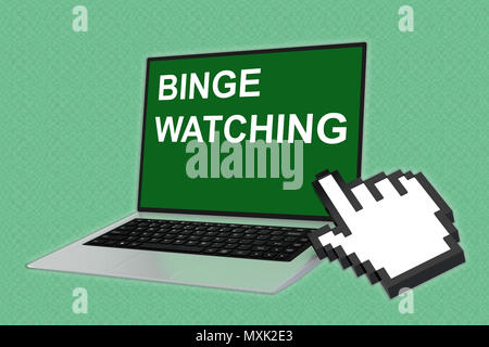 3D-Darstellung der BINGE beobachten Script mit zeigende Hand Symbol der Bildschirm des Laptops zeigt Stockfoto
