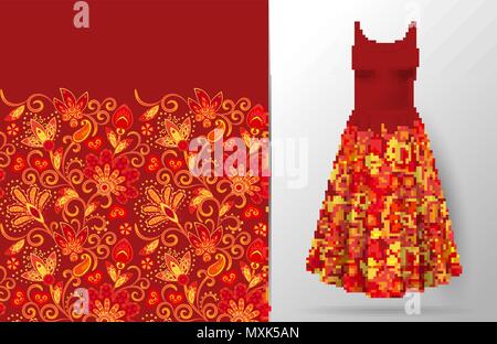 Nahtlose vertikale fantasy Blumen Grenze Muster. Hand zeichnen floral background am Kleid mockup. Vektor. Traditionelle östliche Muster für Textilien, Tapeten, Dekor. Rot Gelb. Stock Vektor