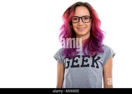 Studio shot von Happy geek Mädchen lächelnd beim Tragen von Brillen Stockfoto