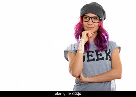 Studio shot von geek Mädchen denken, während die Suche nach Stockfoto