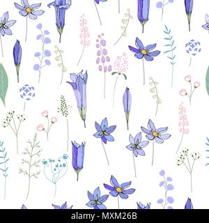 Nahtlose Muster mit Feder blaue Blüten. Endlose Textur für Saison Ostern design Stock Vektor