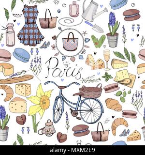 Nahtlose Muster aus verschiedenen Symbolen Frankreich reisen und Paris. Blau und Gelb Farbe. Endlose Textur für Mode und Reisen des Stock Vektor