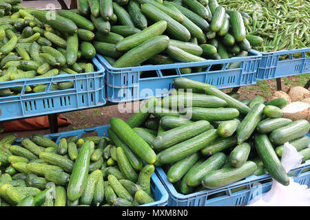 Marktstand verkaufen, Gurken, grüne Bohnen Stockfoto