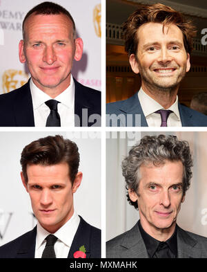 Undatierte Datei Fotos von (von links oben nach rechts) Christopher Eccleston, David Tennant, (unten von links nach rechts) Matt Smith und Peter Capaldi, die alle im Doktor, der seit der Wiederbelebung 2005 starred Haben. Fans werden in der Lage sein, eine Reise zurück in der Zeit zu nehmen, um durch die BBC Sci-fi-Drama&Otilde; s der jüngsten Geschichte, wie jede einzelne Episode Seit dem Relaunch zur Verfügung gestellt auf iPlayer. Stockfoto