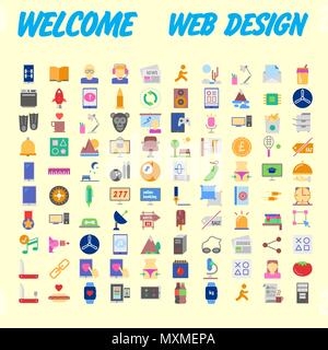 Satz von 100 flach Web Icons auf folgenden Themen - SEO und Entwicklung, kreativen Prozess, Wirtschaft und Finanzen, Büro und Business, Sicherheit und Schutz Stock Vektor